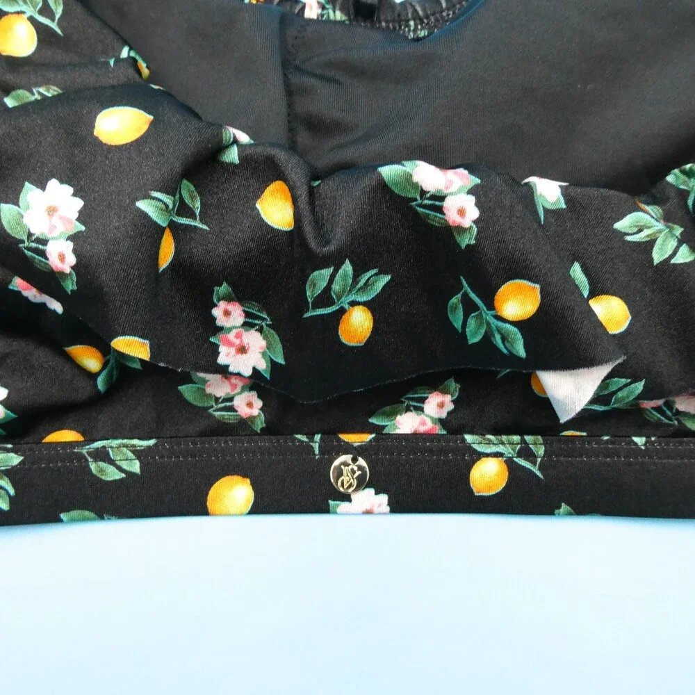 Victorias Secret Large Black Floral Single Shoulder Ruffle Padded Bikini Top New